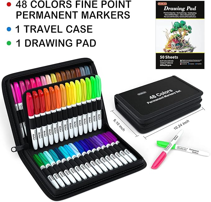 Shuttle Art Permanent Markers, 48 Colors Fine Point, Assorted Colors with Travel Case, Ideal for Adults Coloring Doodling on Plastic, Glass, Wood and Stone, Gift for Students