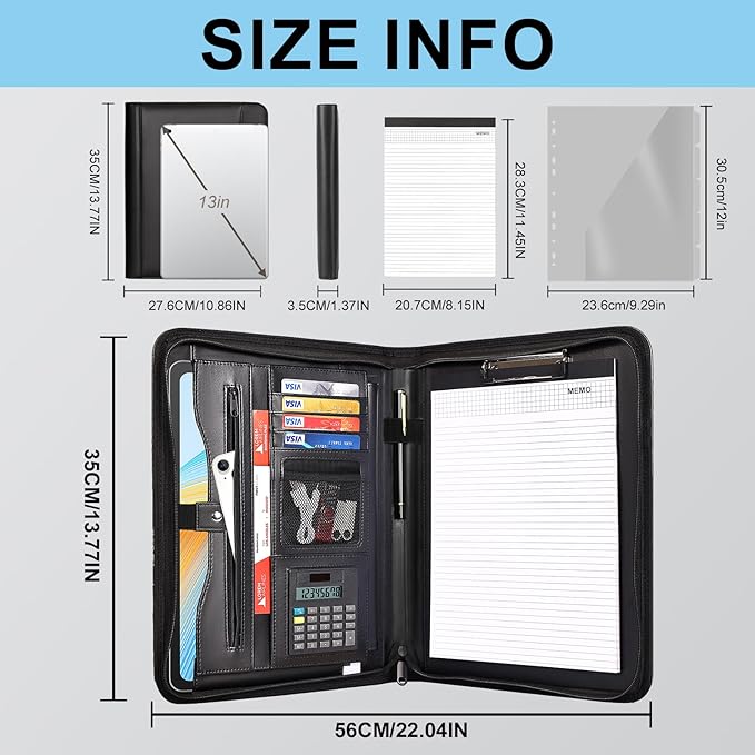 Eshow Leather Portfolio Professional Business Padfolio with Zipper - Interview Resume Notefolio Premium Legal Document Organizer with Card Holder, Writing Pad and File Folders for Men and Women