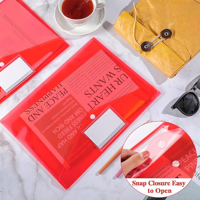 Lincia Plastic Envelopes A4 Size Poly Envelopes File Folders Work Document Holder Office Paper Plastic File Organizer with Label Pocket Snap Button Home Bag for School(Clear Red,24 Pcs)