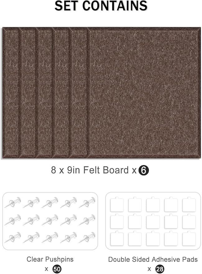 Hsurbtra Cork Board for Wall 24 x 18 Inch, 6 Pack Felt Bulletin Notice Board with Pushpins for Office Home School Farmhouse Wall Decor, Brown