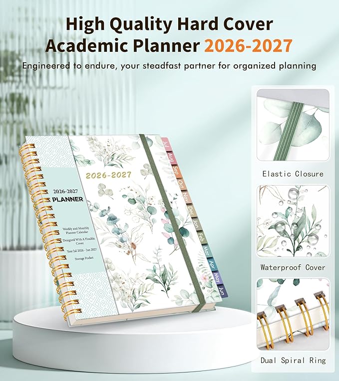 Academic Planner 2026-2027, Weekly and Monthly Calendar Planner from July 2026 - June 2027, 8.5" x 11" A4 Large Daily Agenda Book with Tabs, Flexible Cover, College School Organizer for Student Teacher, Aesthetic Leaf