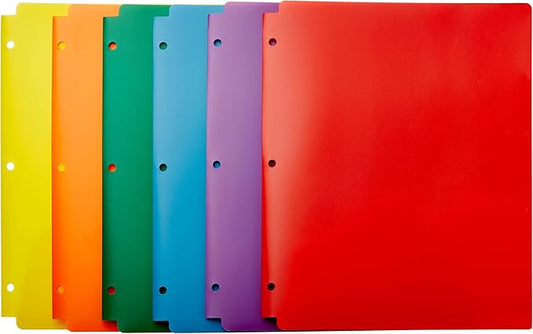 Amazon Basics Plastic 3-Hole Punch File Folders with 2 Pockets for Documents, Letter Size 8.5 x 11 inches, Assorted Colors, Pack of 6