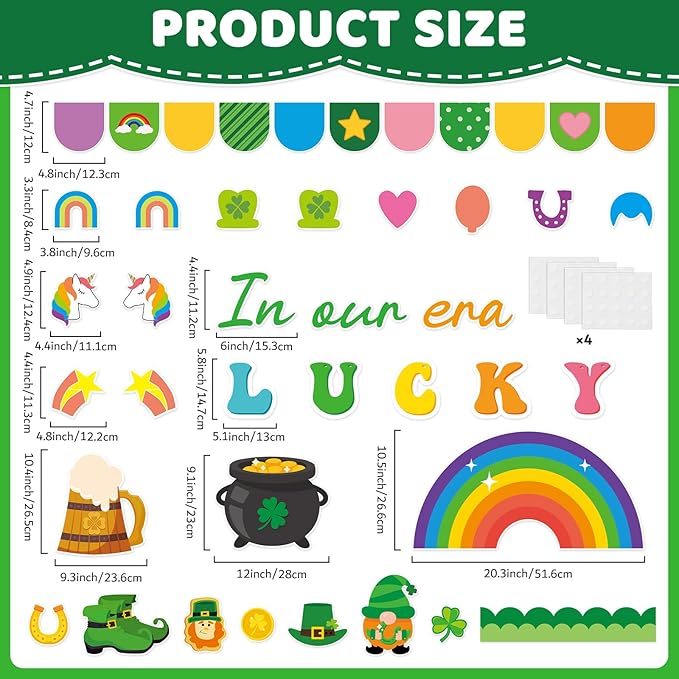 St. Patrick's Day Bulletin Board Decoration Lucky Shamrock Clover Gold Coin Rainbow Irish Clover Unicorn Cutouts March Classroom Bulletin Board Set for School Chalkboard Wall Door Decoration Favor