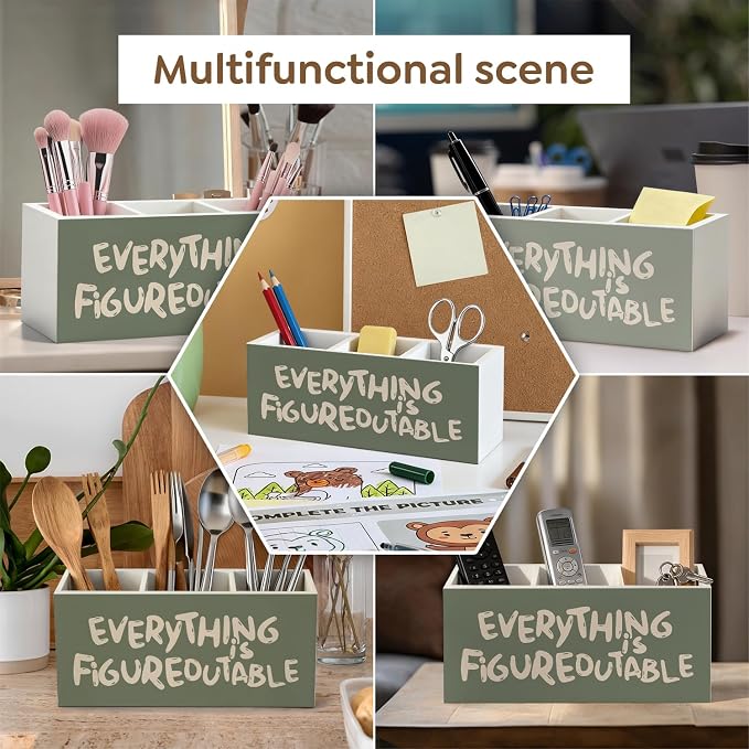 Green Inspirational Pen Pencil Holder, Everything Is Figureoutable Motivational Wood Desk Organizer and Accessories, Motivational Gifts Makeup Brush Holder Organizer for Bathroom Vanity