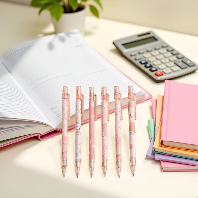 6 Pcs Mechanical Pencils with Eraser,Cute Mechanical Pencils With Top Peach Automatic Stationery Gift Peach Automatic School Office Supply,Writing and Correction Supplies