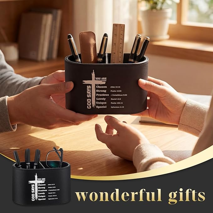 Dunzoom Gift for Father's Day Christian PU Leather Pen Holder for Desk, Bible Verse Pencil Cup Organizer, Religious Gift for Men, Pastor, Dad, Office Decor(God Says You Are Chosen)