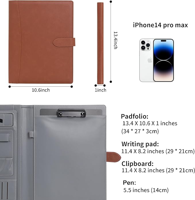 Wason Portfolio Padfolio A4 Leather PU Folder File Document Holder Case with Writing Pad and Removable Clipboard for Organizer Office Travel School (Brown)