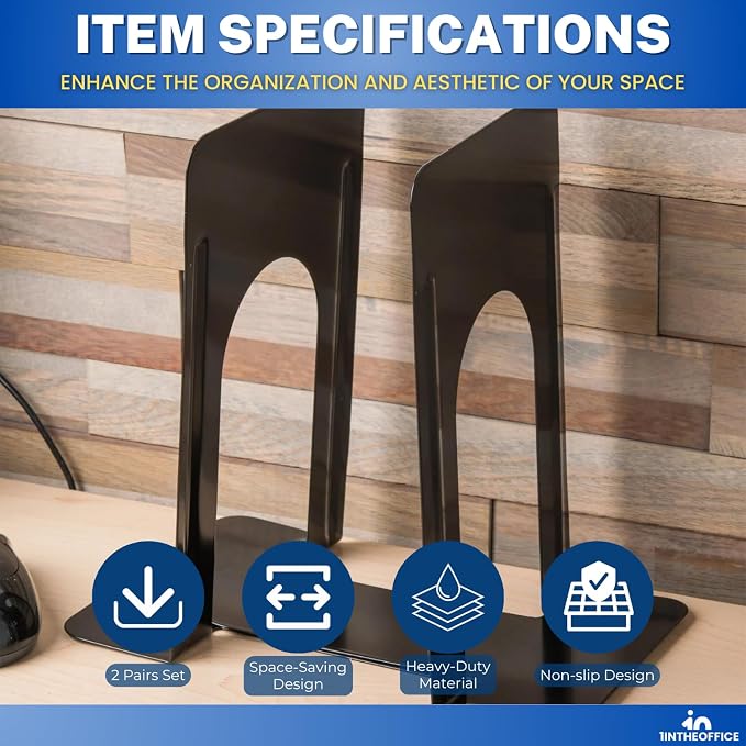 1InTheOffice Bookends for Shelves, Metal Bookends, 8 1/4" x 5 7/8" x 9", Non-Slip, Black, 2 Pack