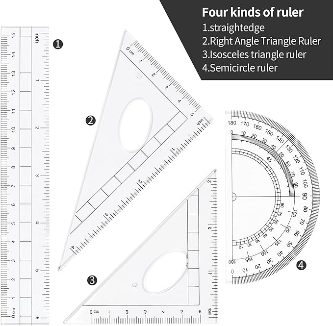 Vobou Math Geometry Kit Sets 10 Piece Student Supplies with Shatterproof Storage Box,Includes Rulers,Protractor,Compass,Eraser,Pencil Sharpener,Lead Refills,Pencil,for Drafting（Black）