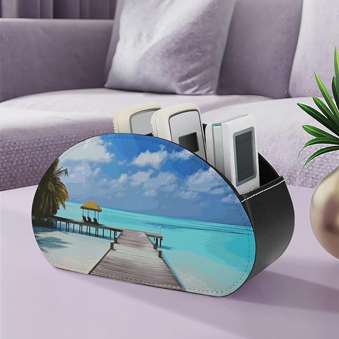 Pu Leather Remote Control Holders Waterproof TV Remote Holder with 5 Compartments Maldives Holidays Remote Caddy Box Desktop Storage Organizers for TV Remotes/Media Controllers/Office Supplies