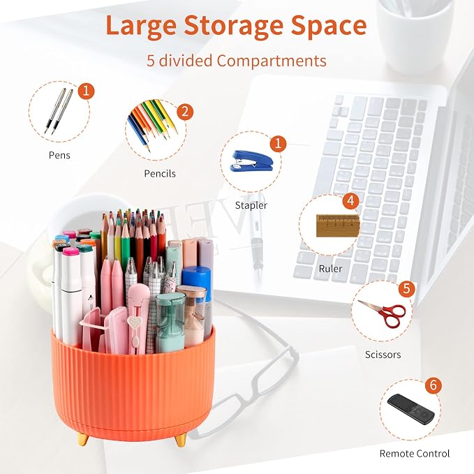 Desk Pencil Pen Holder, 5 Slots 360°Degree Rotating Pen Organizers for Desk, Desktop Storage Stationery Supplies Organizer, Cute Pencil Cup Pot for Office, School, Home, Art Supply, Orange