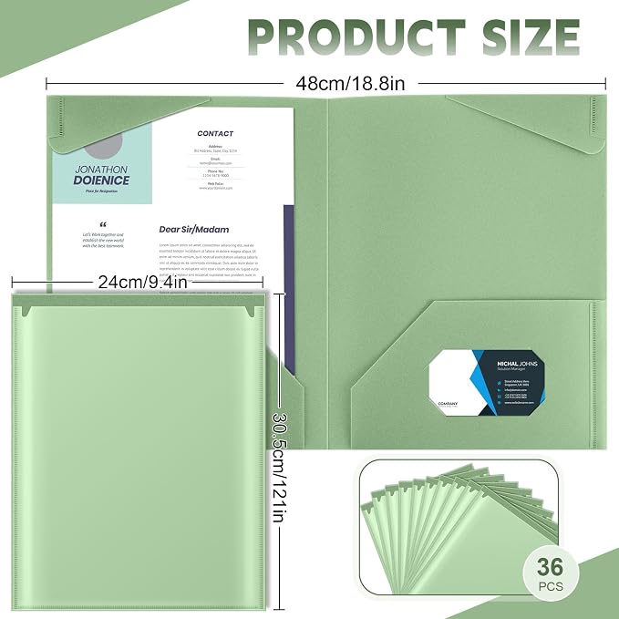 Henoyso 36 Pack Sage Green Plastic Folders with Clear Front Pockets Heavy Duty File Folders with 2 Pockets and Card Slot for Student Communication School Office Presentation Report