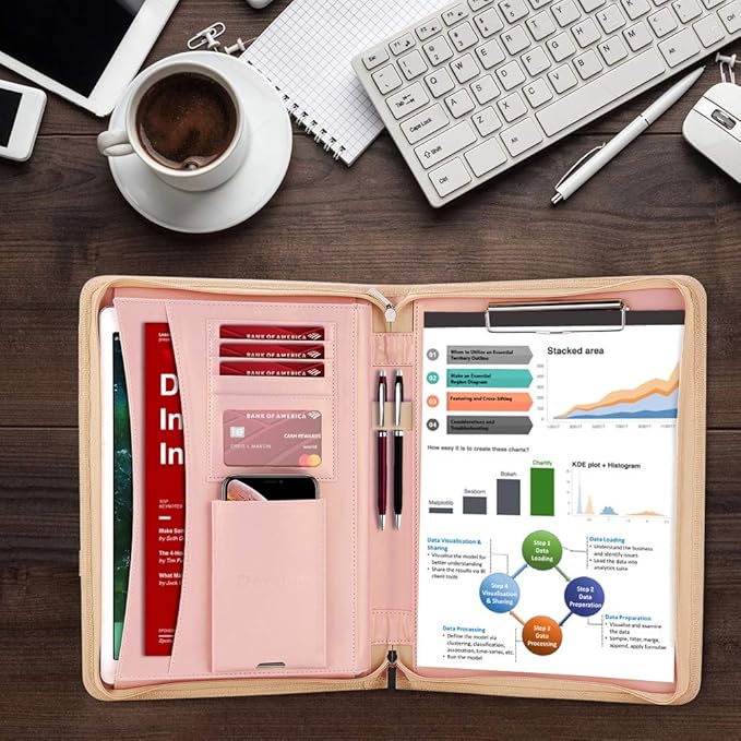 Darolin Zippered Leather Padfolio Portfolio with [Hidden Handle] and [Clipboard], Business Conference Portfolio Organizer Notepad Folder, Padfolio for Women/Men (Rosegold)