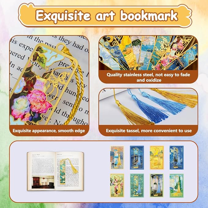 Kinsound Metal Bookmarks with Tassel, Golden Van Gogh Monet Oil Painting Theme Cute Hollow Book Markers for Reading Women, Teachers, Students, Reading Accessories Gifts for Book Lovers (Style B(8PCS))