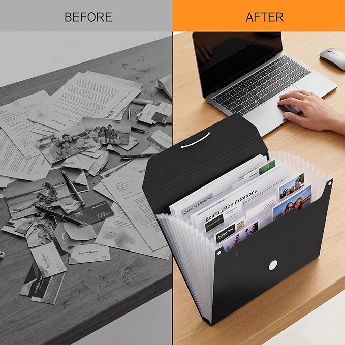 Comix Accordion File Organizer, 13 Pocket Expanding File Floder with Labels for A4/Letter Size Documents, Accordion File Folder for Office, Home, School（Black）