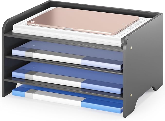 Desk File Organizer 4-Tier Desktop Paper Mail Organizer Document Holder for Home Office Supplies, Office Desk Accessories & Workspace (Black)