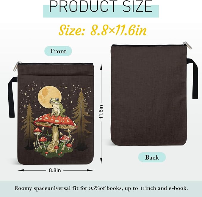 Funny Frog Mushroom Book Sleeve for Book Lovers, Paperback Sleeve for Librarian Lovers Bookish Group Club Gifts for Women, Book Cover with Zipper and Front Pocket for paperbacks 9 x 12 Inch