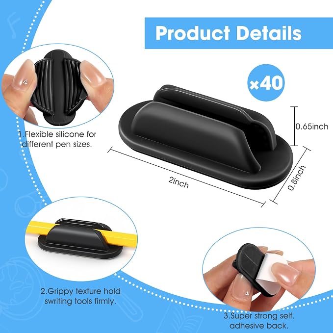 VZZNN 40 PCS Adhesive Pencil Holders, Silicone Marker Organizer for Desk, Notebook, Wall or Clipboard, Reusable Teacher Supplies for Classroom, Office, School Accessories (Black)