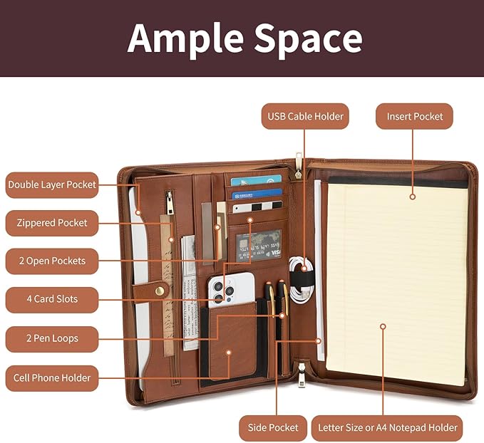 Personalized Genuine Leather Portfolio for Women and Men, Custom Engraved 8.5 x 11 Legal Padfolio, Zippered Notebook Laptop Organizer, Business Executive Folio for Work, Brown, Oil Tanned