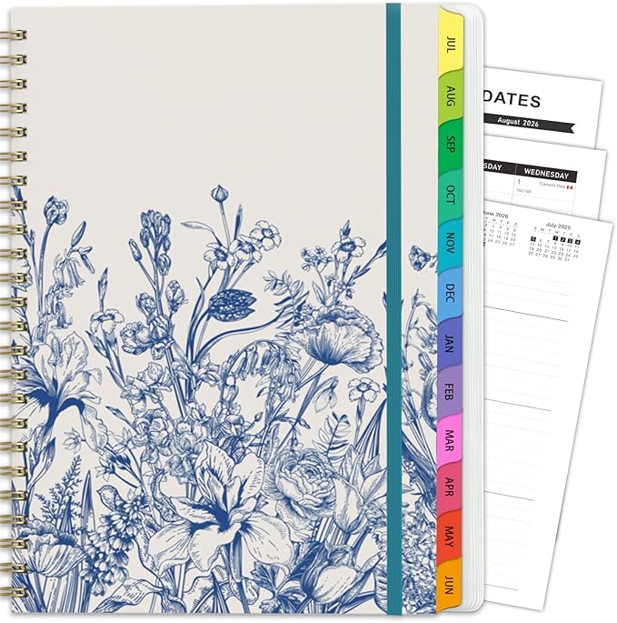 2026 Planner, Weekly and Monthly Calendar Planner for Women, 6.3" x 8.5", Jul 2026 - Jul 2027, Hardcover Planning Agenda book with Tabs, Spiral Bound, Inner Pocket, for School Office Supplies(Blue Florals)