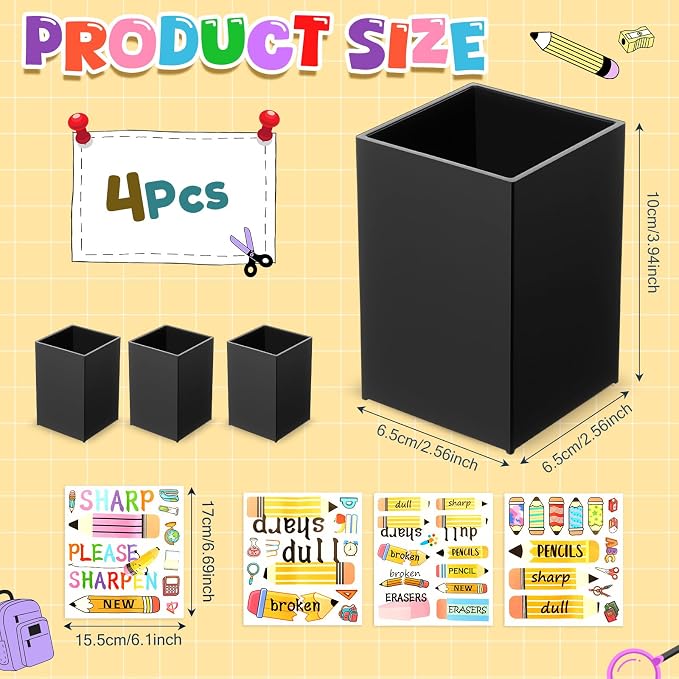 Funrous 4 Pack Black Acrylic Pen Pencil Holder Desktop Pencil Dispenser Makeup Brush Holder Organizer with Colorful Stickers for School Office Home Supplies, 3.94 x 2.56 x 2.56 Inches