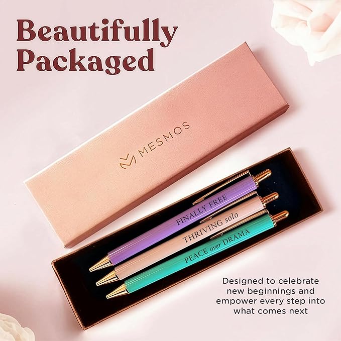 MESMOS 3pcs High End Luxury Happy Divorce Gifts for Women, Strong Woman Gifts, Gift to Cheer Someone up Women, Break up Gift for woman, Boss, & Friends. German-Ink & 1mm Swiss-Tip Motivational Pens