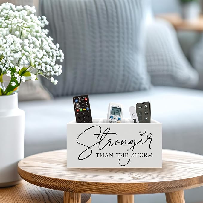 Inspirational Pen Holder, Motivational Office Pen Pencil Holder Organizer for Desk Accessories, Stronger Than the Storm Positive Wooden Box Desk Decor for Home Office Desk Decorations