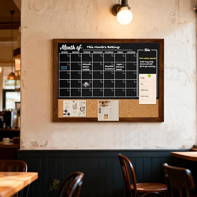DOLLAR BOSS Chalkboard Calendar Corkboard Combo, 36" x 24" Magnetic Chalk Board Monthly Planner & Natural Cork Bulletin Rustic Wood Frame for Office Home School with 4 Markers, 8 Magnets, 10 Pins
