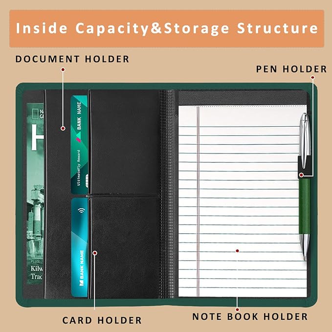 Padfolio Binder A5 Document Organizer with Refillable Lined Notepad, Junior Size Folder Portfolio for Men Women,Dark Green.