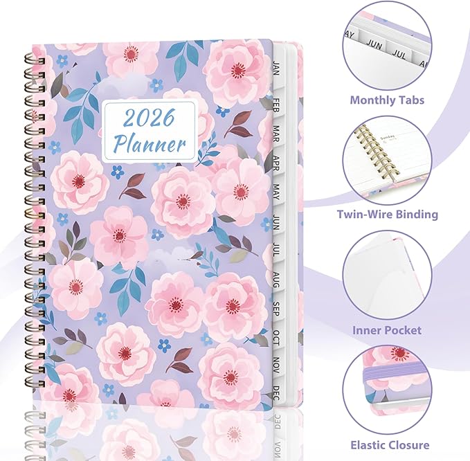 2026 Planner, Weekly and Monthly Calendar Planner, Academic Daily Agenda (Jan 2026 - Dec 2026), Hardcover Planning Notebook for Office Accessories and School Supplies, Pink Blossoms