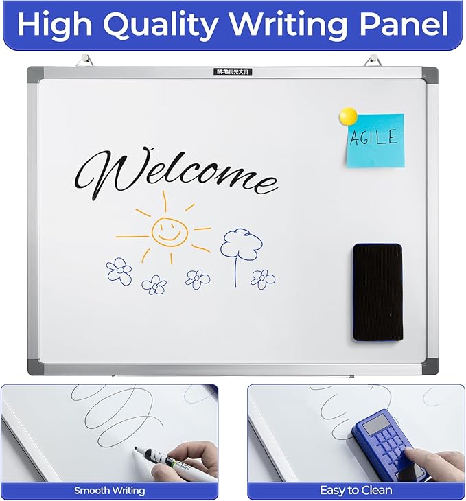 M&G Dry Erase Board Magnetic White Board for Wall, 28” x 20” Whiteboard with 2 Markers & 2 Magnets & 1 Eraser, Hanging Whiteboard with Silver Frame for Planning, Drawing, to Do List, Office Use