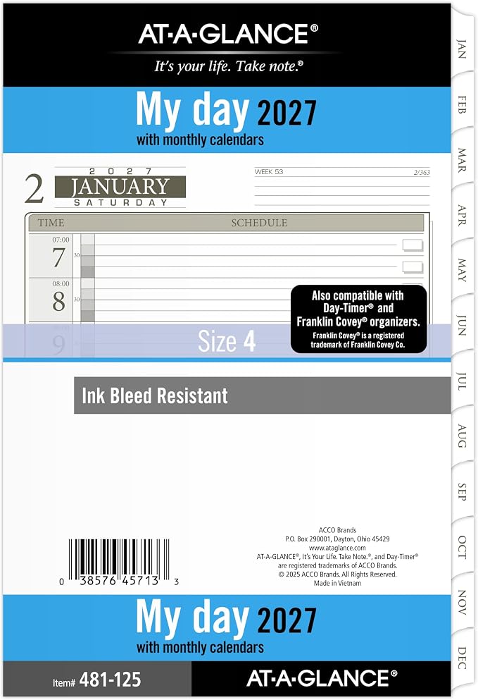 AT-A-GLANCE 2027 Planner Refill Daily, 5.5" x 8.5", Desk Size 4, One Page Per Day Refill, 7-Ring Loose-Leaf (481-125-27)