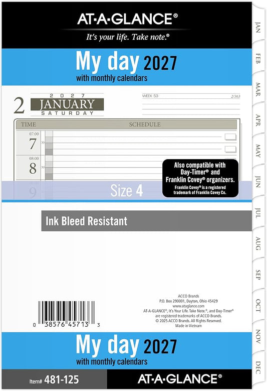 AT-A-GLANCE 2027 Planner Refill Daily, 5.5" x 8.5", Desk Size 4, One Page Per Day Refill, 7-Ring Loose-Leaf (481-125-27)
