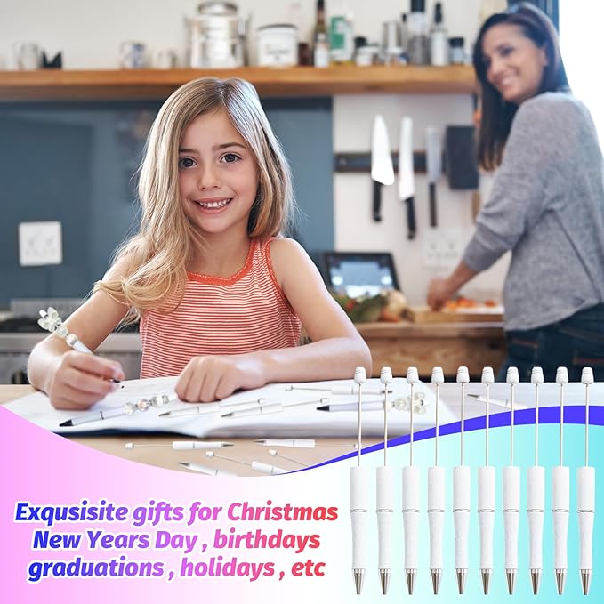 300 Pieces DIY Beadable Pen Kit – 100 Plastic Ballpoint Pens with Refills & Bags – School Supplies, Office Accessories & Decorative Items for Students & Teachers （White）