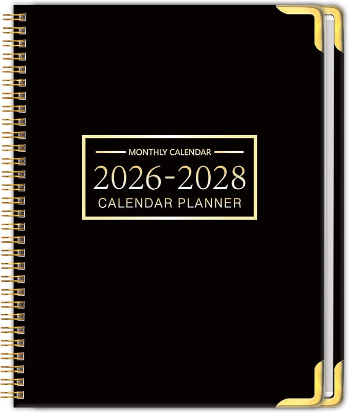 Monthly Planner 2026-2028, Hardcover with Metal Corner 3 year calendar 2026-2027-2028 Calendar Book from Jan 2026 - Dec 2028, 9“ x 11”, Spiral Bound,Organizer for Office, School, and Home, Black
