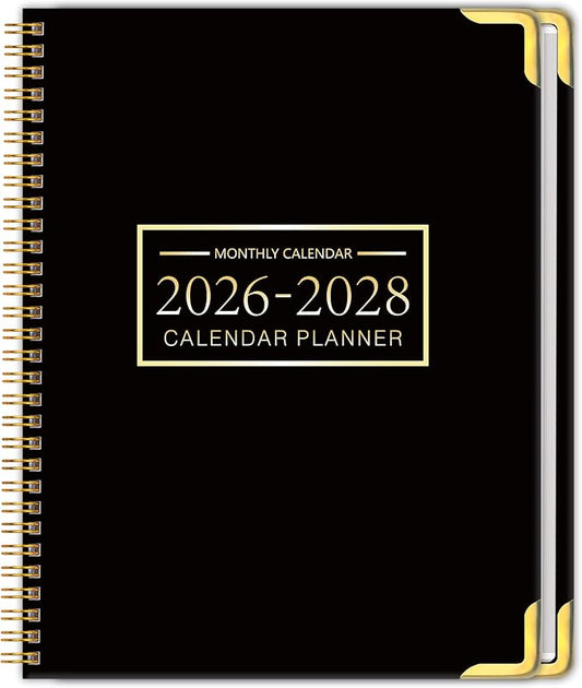 Monthly Planner 2026-2028, Hardcover with Metal Corner 3 year calendar 2026-2027-2028 Calendar Book from Jan 2026 - Dec 2028, 9“ x 11”, Spiral Bound,Organizer for Office, School, and Home, Black
