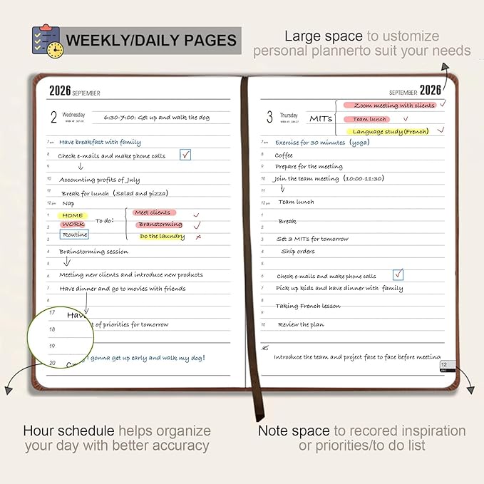Daily Planner 2026, Calendar 2026 Agenda Planner Daily Journal Notebook 8.5"x5.8", January 2026 to December 2026, Faux Leather Cover (Red, 8.5"×5.75")