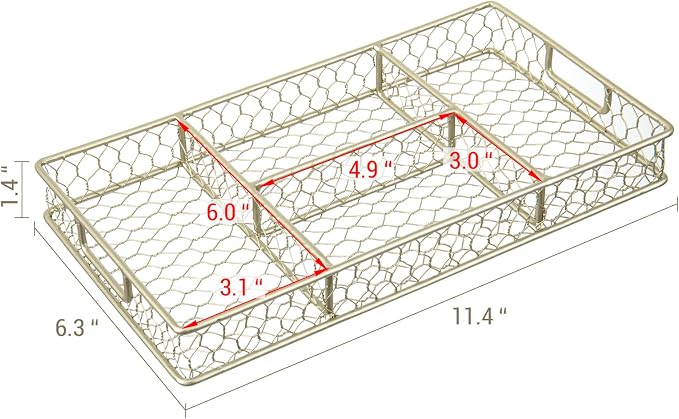 MyGift 4 Compartment Vintage Brass Tone Metal Chicken Wire Desk Organization Tray with Handles, Office Desktop Supplies Storage or Makeup Accessories Drawer Organizer