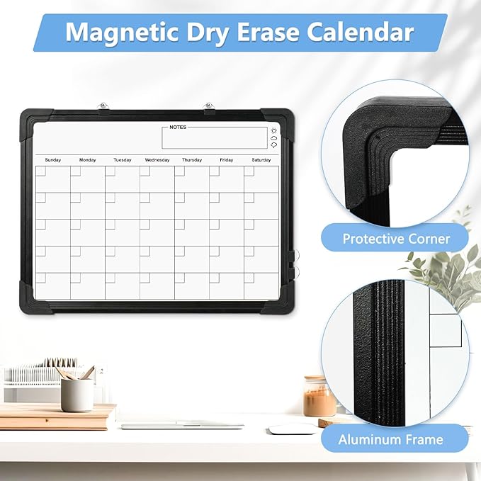 Double-Sided White Board Calendar, 16" x 12" Black Dry Erase Calendar Whiteboard Calendar for Wall Magnetic Hanging Calendar Whiteboard for Drawing, Kitchen, Planning, Memo, Home, Office