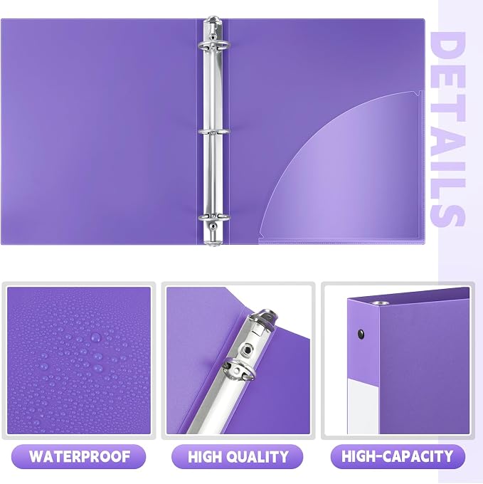 Henoyso 24 Pack 1 Inch 3 Ring Plastic Binders, Bulk Flexible PP Binders for Classroom & School Supplies, Letter Size 8.5 x 11, Holds 240 Sheets with Interior Pocket (Purple)