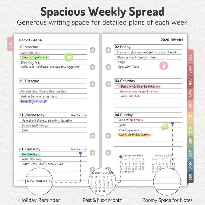 2026 Weekly & Monthly Planner Refills for A6 6-Ring Binders, Jan 2026 - Dec 2026, Forvencer 6-Hole Punched Planner Inserts with Colorful Monthly Tabs, Pocket Calendar Organizers, 3-3/4" x 6-3/4"