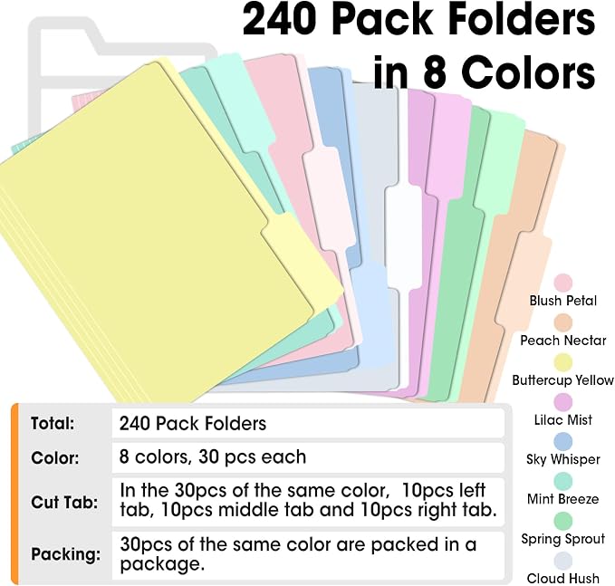 240 Pack File Folders, 1/3 Cut Tab Colored File Folders Letter Size 8.5 x 11 Inch, Filing Folder for Office School Business, 8 Pastel Colors