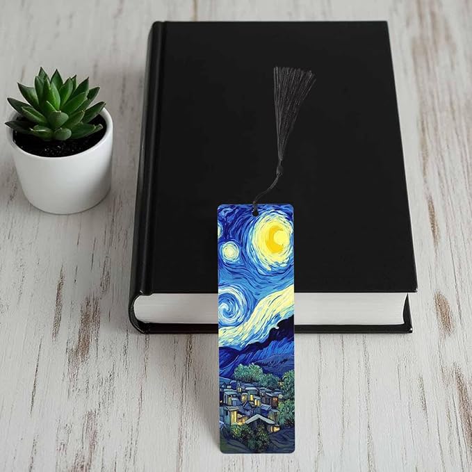 Starry Sky Bookmarks Set 5 with Tassels Blue Mysterious Painting Wooden Bookmarks for Reading Women Men Students Teachers School Supplies