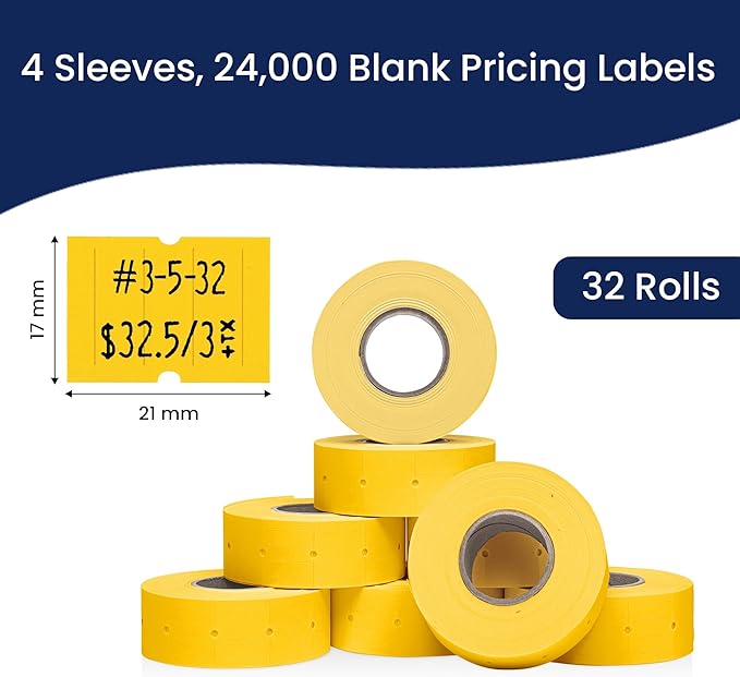 Perco 2 Line Yellow Labels - 32 Rolls, 4 Sleeves, 24,000 Blank Price and Date Gun Labels for Perco 2 Line Price and Date Guns - Made in USA