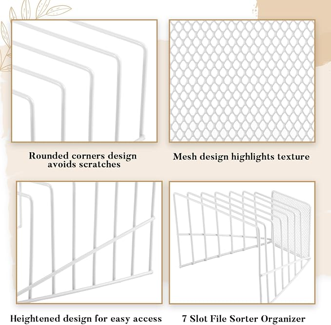 2 Pcs 7 Section Wire File Organizer for Desk, Metal Mesh Incline File Holder, Letter & Magazine Folder Rack, Desktop Paper Sorter for Home Office School (White)