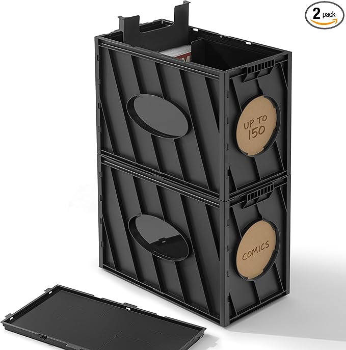 INMAKER Comic Book Storage Box, Holds Up to 150 Comics, Acid Free Plastic Book Bin with 2 Adjustable Dividers (Matte Black)