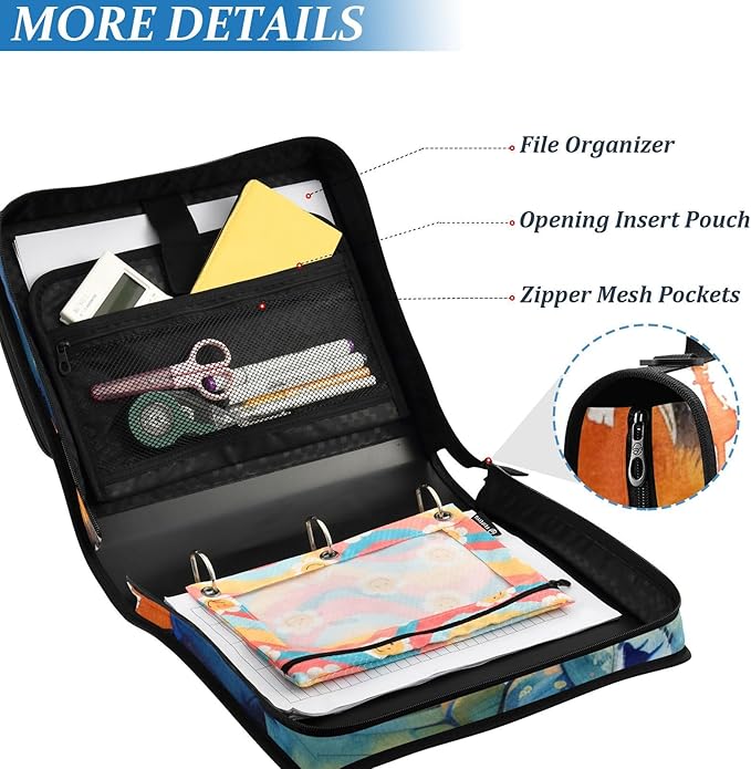 ALAZA Watercolor Parrot Portrait 3 Ring School Zipper Binder Bag Expanding File Folder Case Briefcase with Shoulder Strap