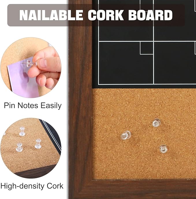 4 THOUGHT Chalkboard Calendar Corkboard Combo, 24" x 18" Bulletin Board Magnetic Calendar Chalkboard for Wall Monthly Planner Combination Board Rustic Brown Frame 4 Markers 8 Magnets 10 Pushpins