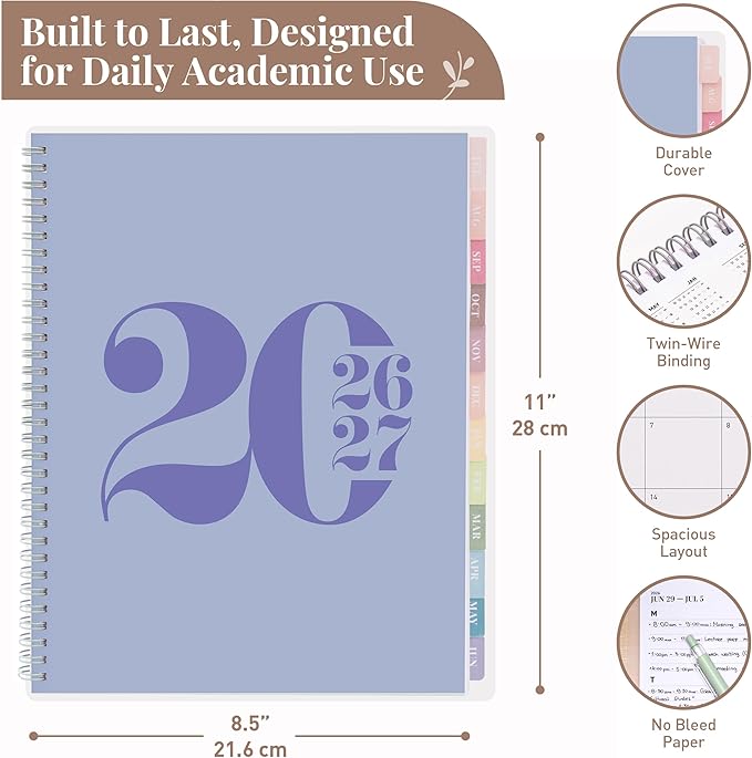 Rileys Academic Planner 2026-2027, Daily, Weekly & Monthly Planner, July 2026 - June 2027, Student Notes Pages, Twin-Wire Binding, Weekly Agenda for School & Work (8.5 x 11-Inches, Typographic, Blue)