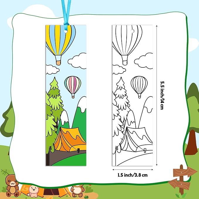 ANGOLIO 123P Camping Color Your Own Bookmarks for Kids Summer Funny Camping Tent Jungle Animal Campfire DIY Coloring Blank Book Markers for Teacher Student Classroom Art Crafts Birthday Party Supplies